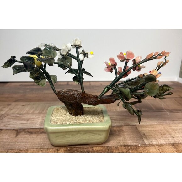 Gemstone Bonsai Tree Ornament With Multicolored Flowers In Ceramic Pot - Picture 5 of 8